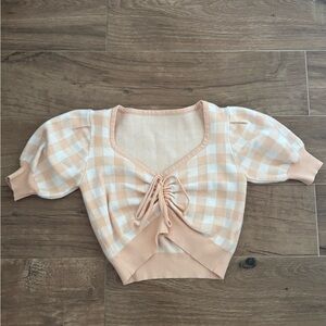 Peach Checkered Puff Sleeve Crop Top